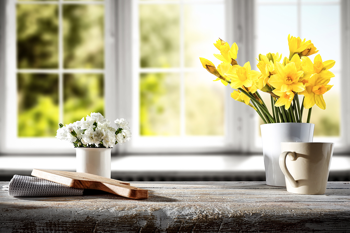 Spring flowers on a window sill