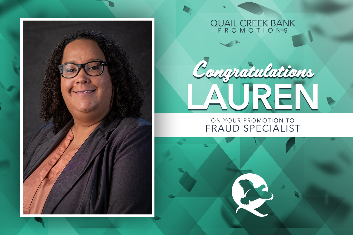 Lauren promotion to fraud specialist
