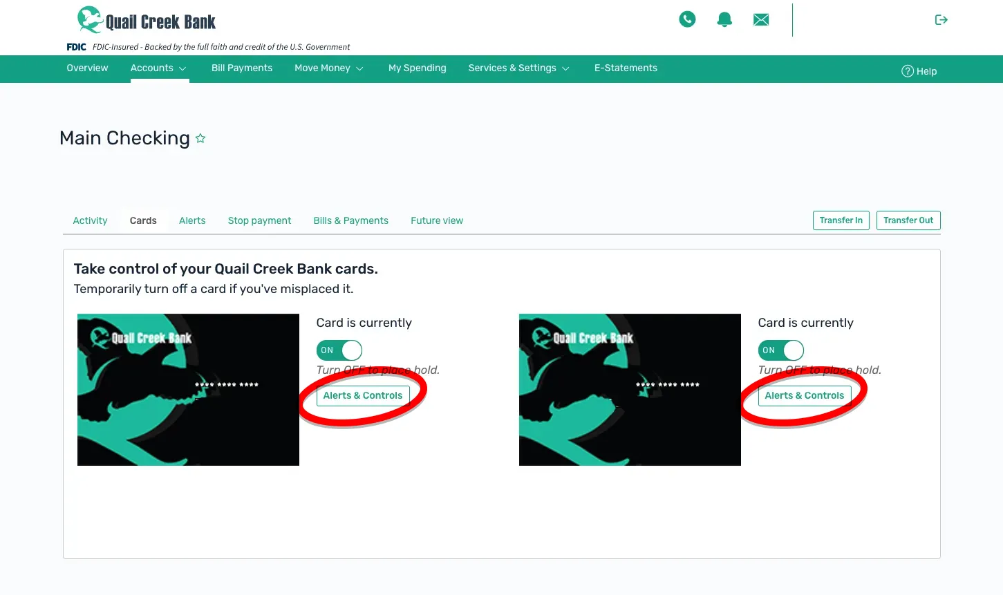 Screen shot of QCB debit card controls interface