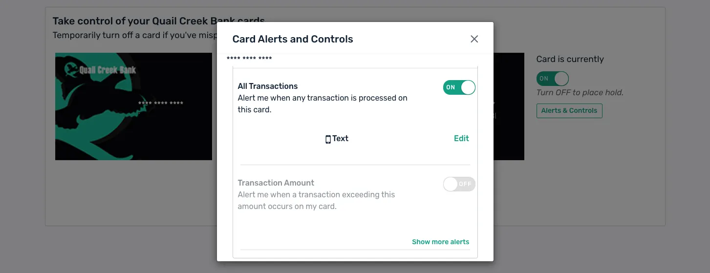 Screen shot of QCB debit card controls interface