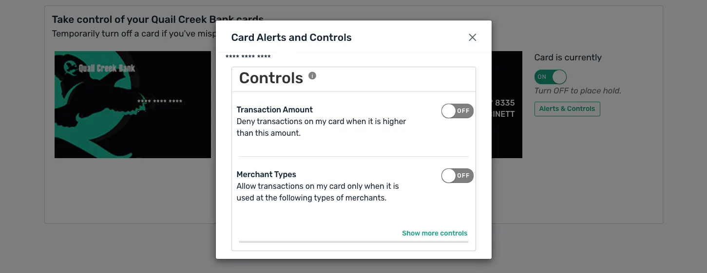 Screen shot of QCB debit card controls interface