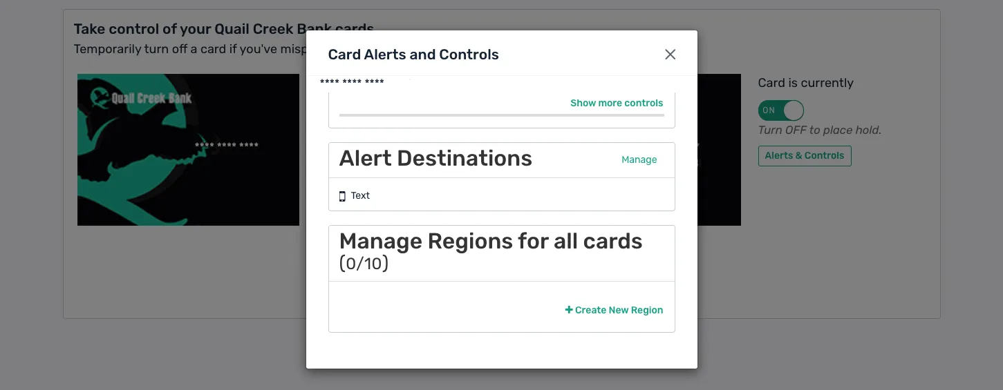 Screen shot of QCB debit card controls interface