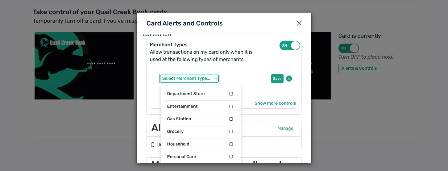 Screen shot of QCB debit card controls interface