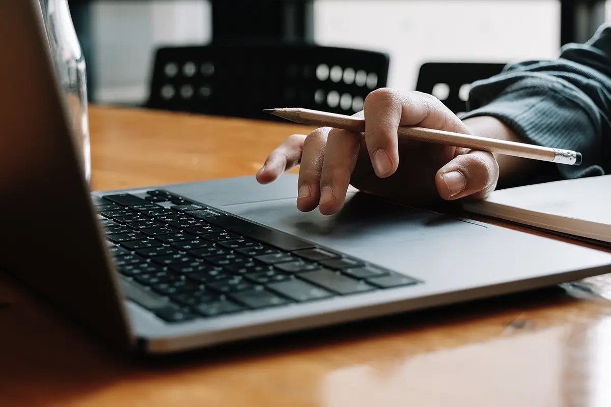 Person holding a pen using a laptop