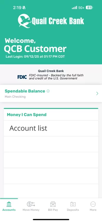 Quail Creek Bank mobile app screenshot